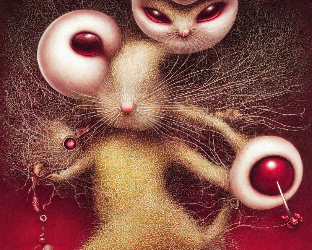 Anthropomorphic creature with bulbous eyes and red orbs on crimson backdrop