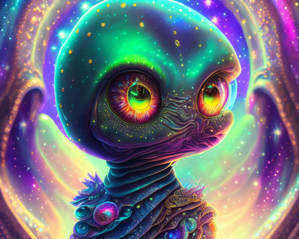 Colorful wide-eyed alien with glowing green head against cosmic backdrop