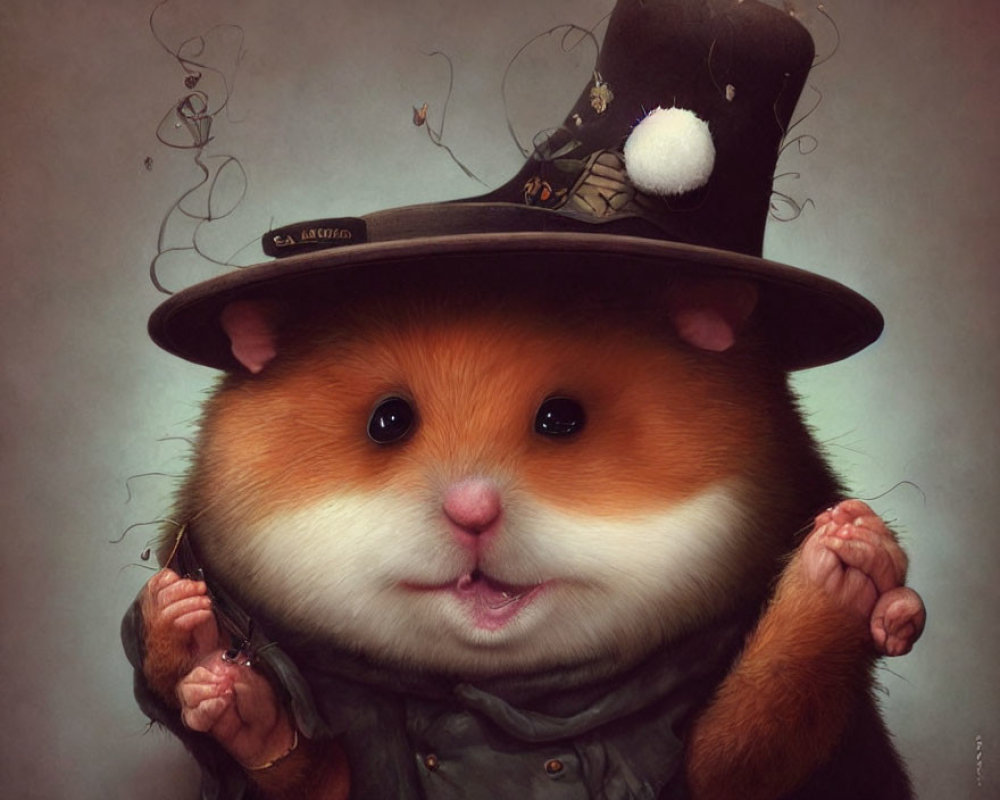 Chubby anthropomorphic hamster in coat and top hat illustration.