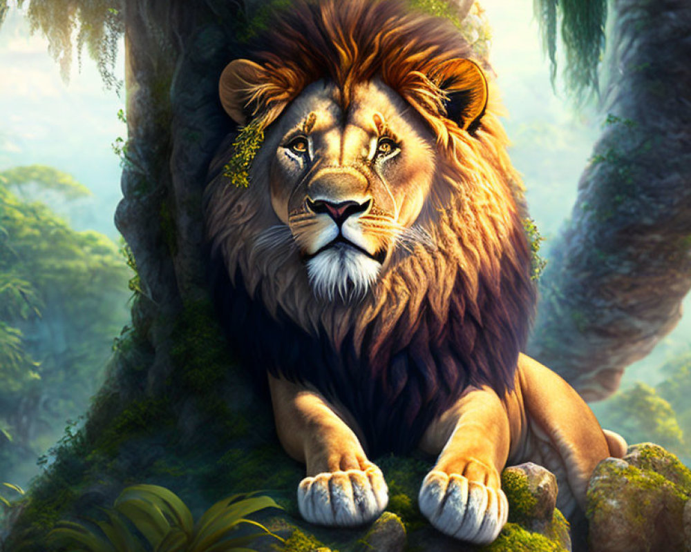 Majestic lion with striking eyes in lush forest habitat