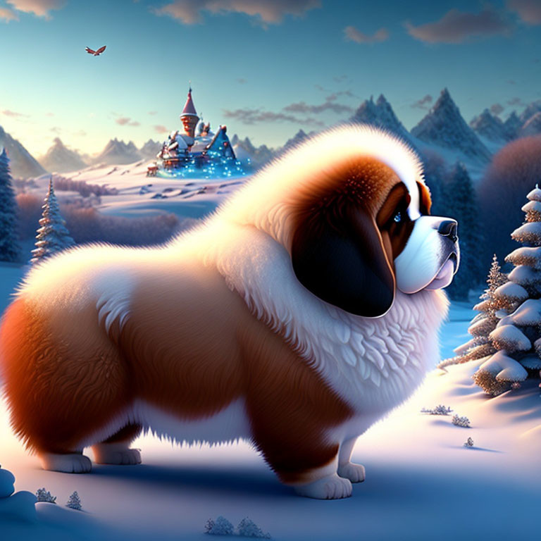 Stylized snowy landscape with fluffy Saint Bernard dog and castle at twilight