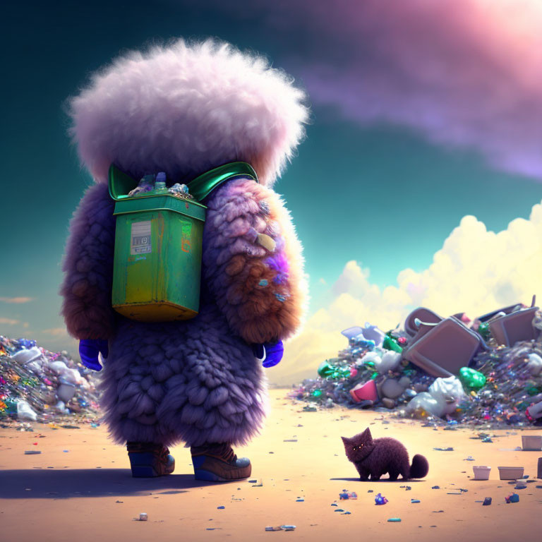 Fluffy character with green bucket and black cat in colorful garbage landscape