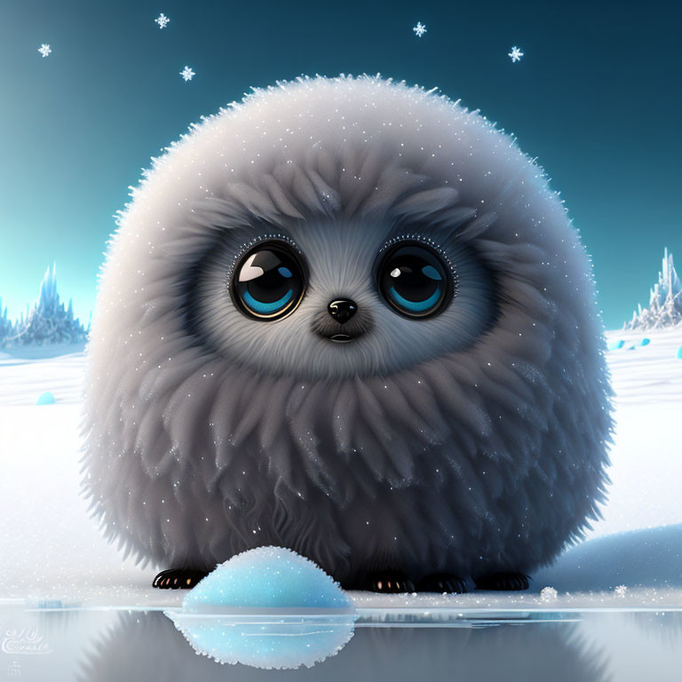 Fluffy Creature with Snowball in Snowy Landscape