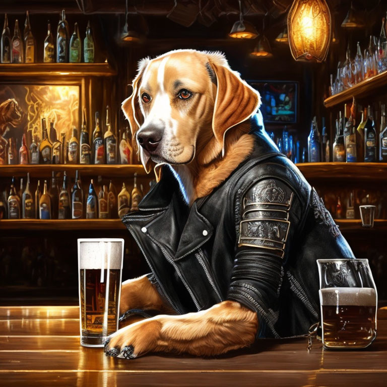 Dog with human-like arms in leather jacket at bar with beer pint