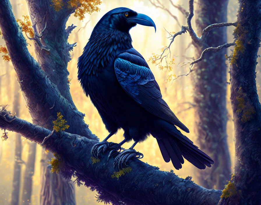 Black Raven Perched on Misty Forest Branch