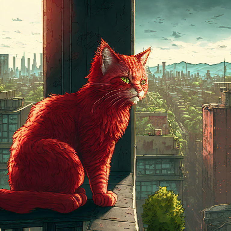 Red Cat with Green Eyes Overlooks Sunny Cityscape