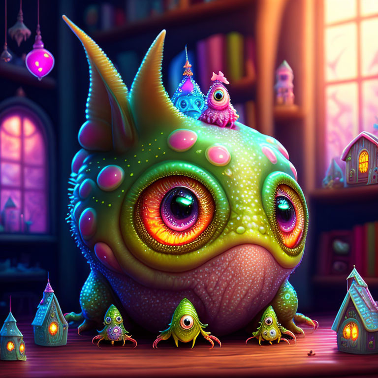 Vibrant creatures with large eyes in cozy, illuminated room