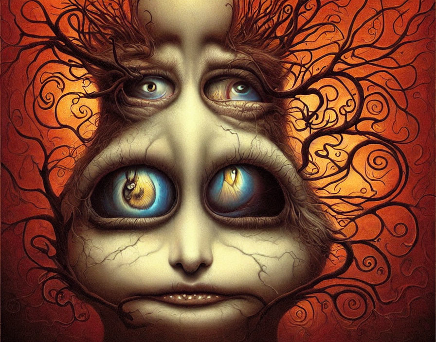 Surreal Artwork: Exaggerated Blue Eyes, Orange Patterns, Cracked Skin