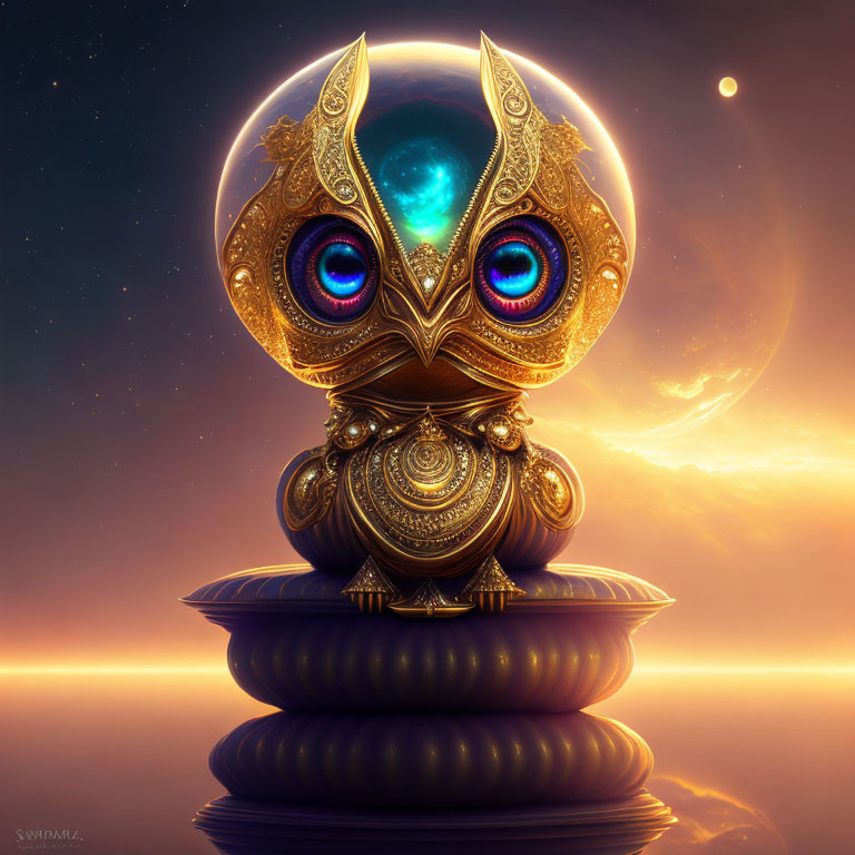 Metallic Owl Sculpture with Luminous Eyes on Cosmic Pedestal