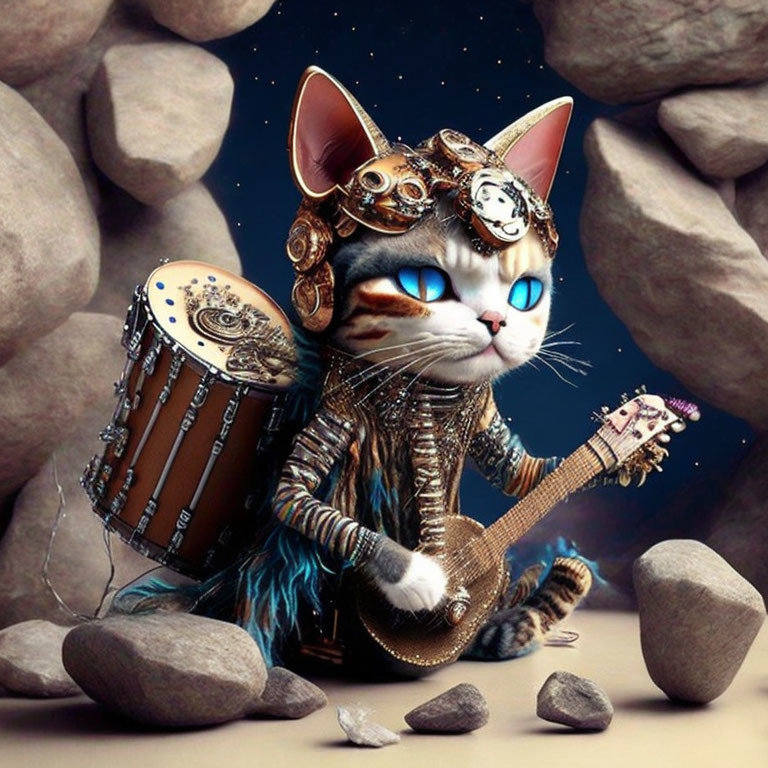 Steampunk-themed cat illustration with top hat, goggles, guitar, and rocks