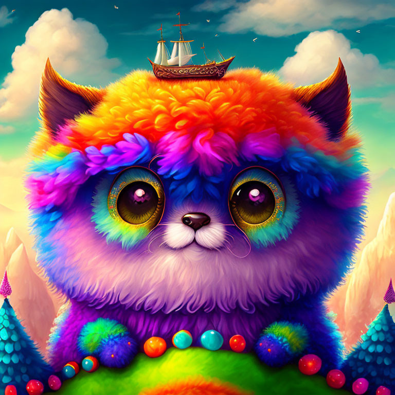 Whimsical, colorful illustration of large-eyed fluffy creature with sailing ship on cloud