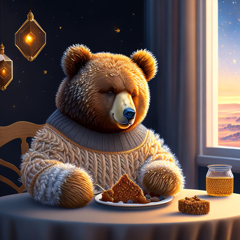 Anthropomorphic bear in knitted sweater enjoying honey and cakes at twilight