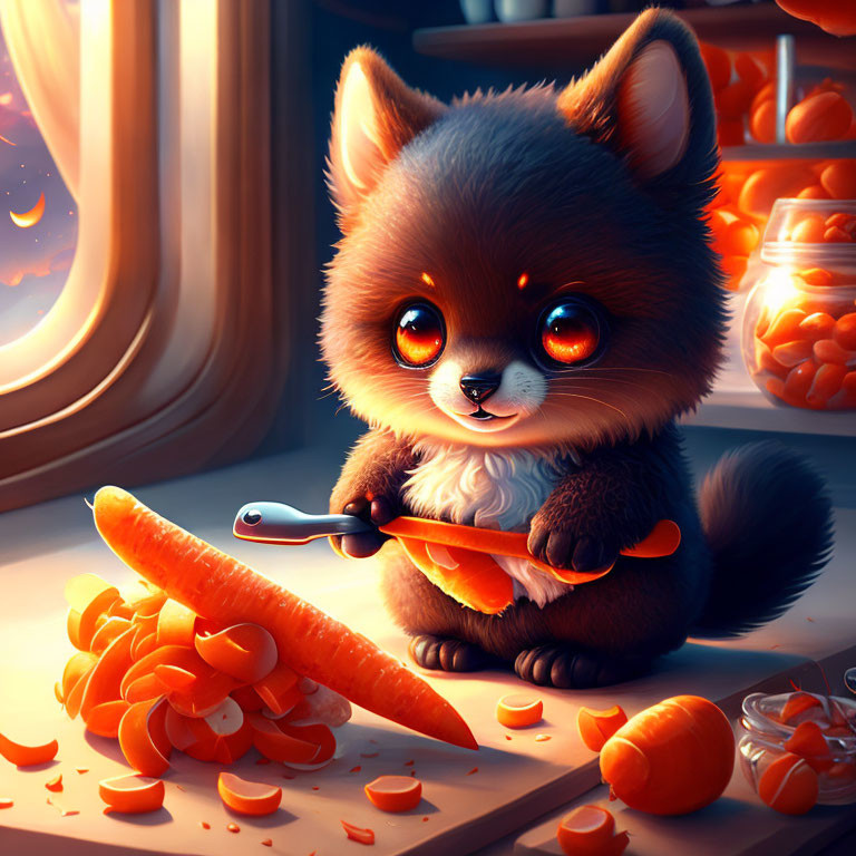 Cartoon fox slicing carrots by sunny window