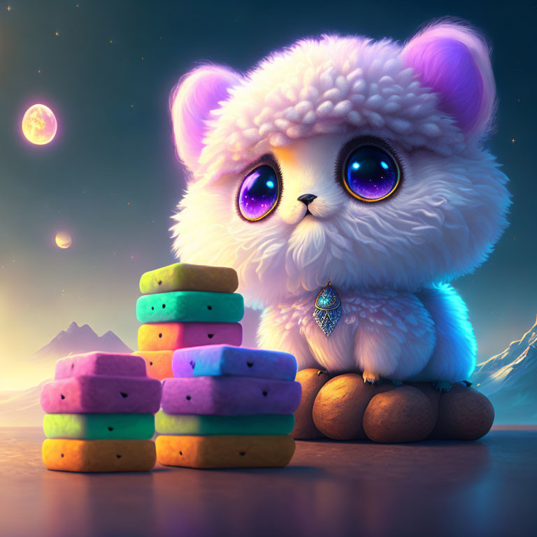 Fluffy White Creature with Purple Eyes and Pendant Beside Colorful Stacked Stones under Twilight Sky with