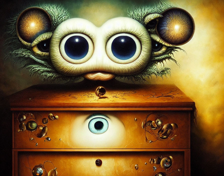 Surreal wooden cabinet with anthropomorphic features and expressive eyes.