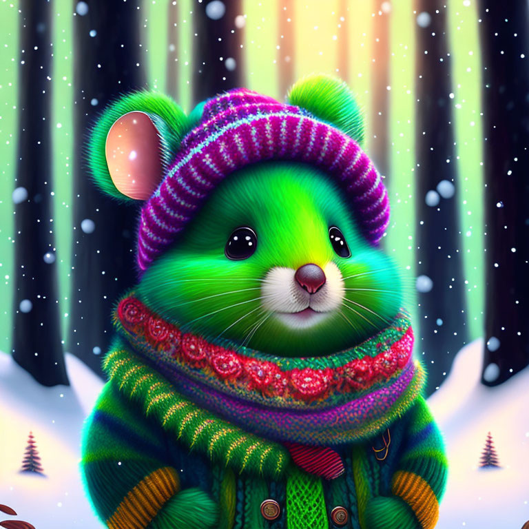 Green Fluffy Hamster in Colorful Hat and Scarf on Snowy Night