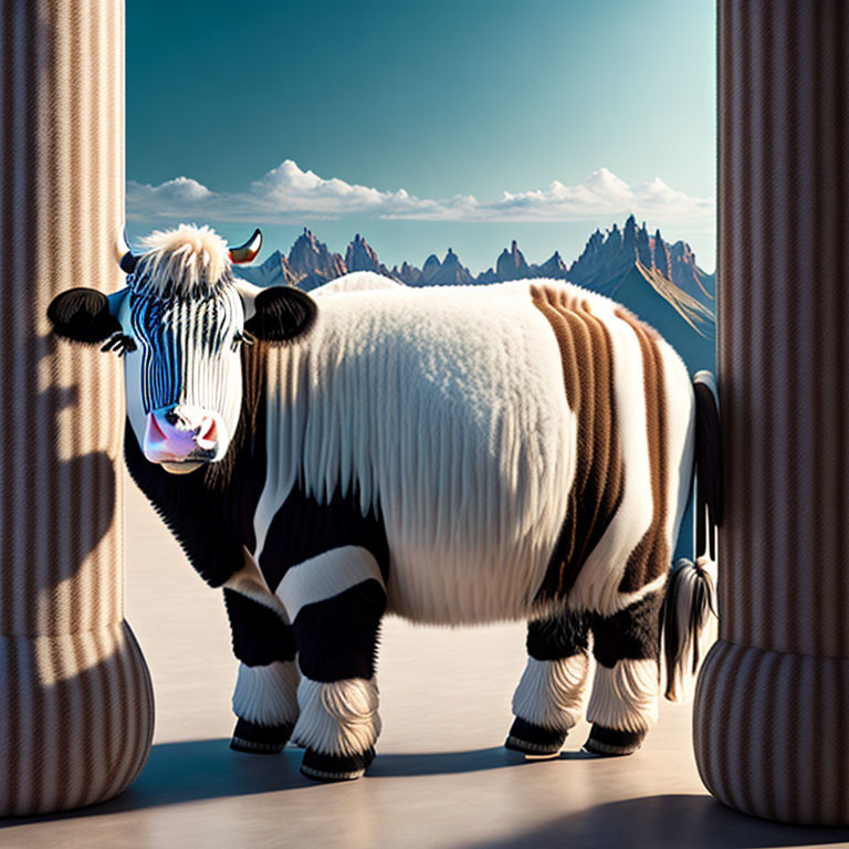 Stylized cow in front of mountains and sky