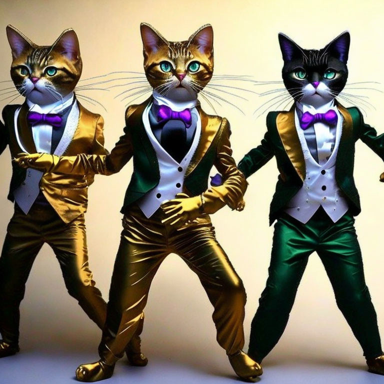 Three cats in stylish suits and bow ties on beige background