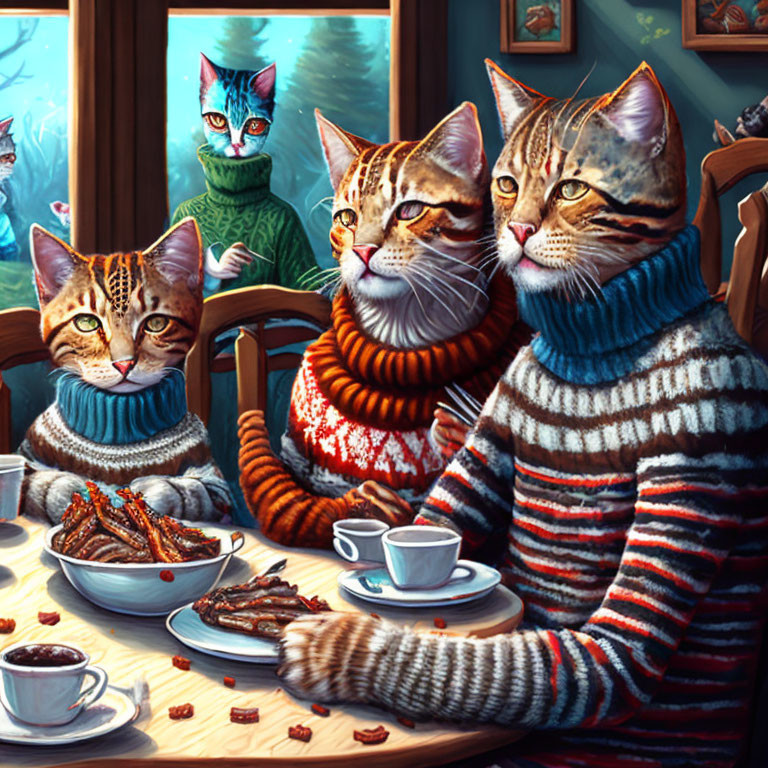 Anthropomorphic Cats in Sweaters Dining with Fish Plates and Tea Cups