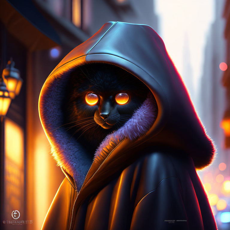 Black cat with glowing orange eyes in hooded jacket on city street