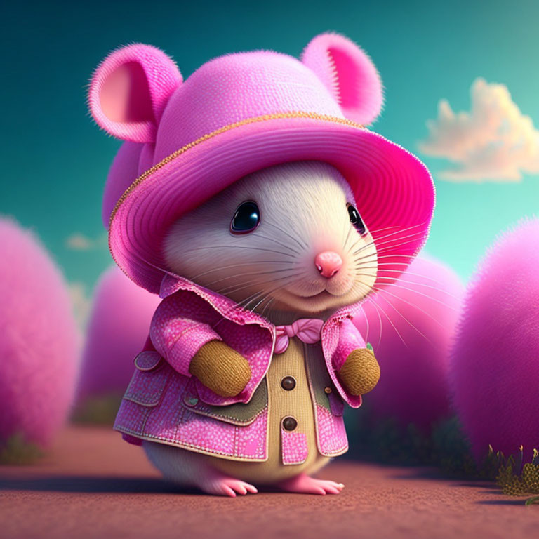 Whimsical illustration of cute mouse in pink hat and coat