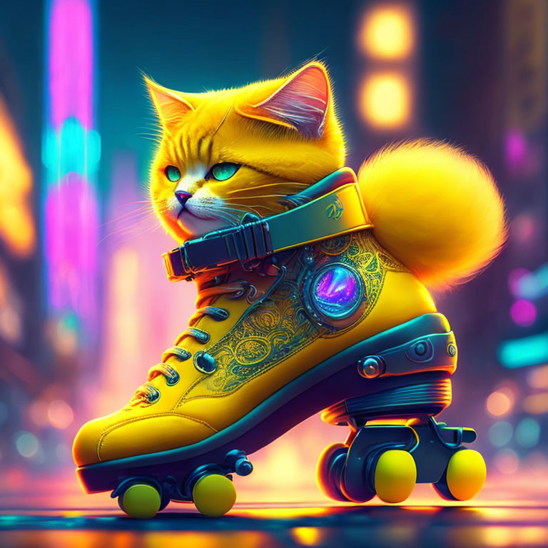 Orange Cat on Roller Skate with Blue Collar in Neon Cityscape