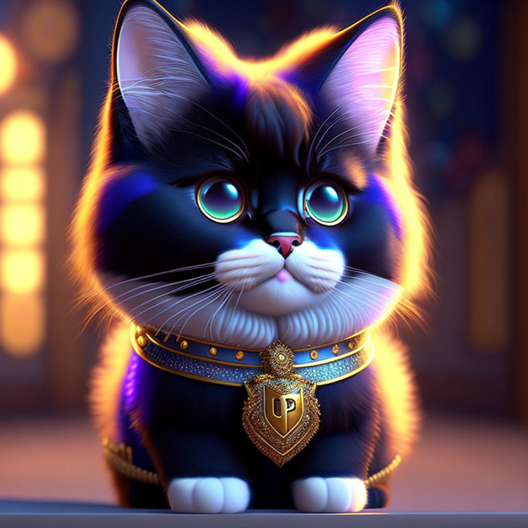 3D illustration of animated cat with blue eyes and golden collar on bokeh background