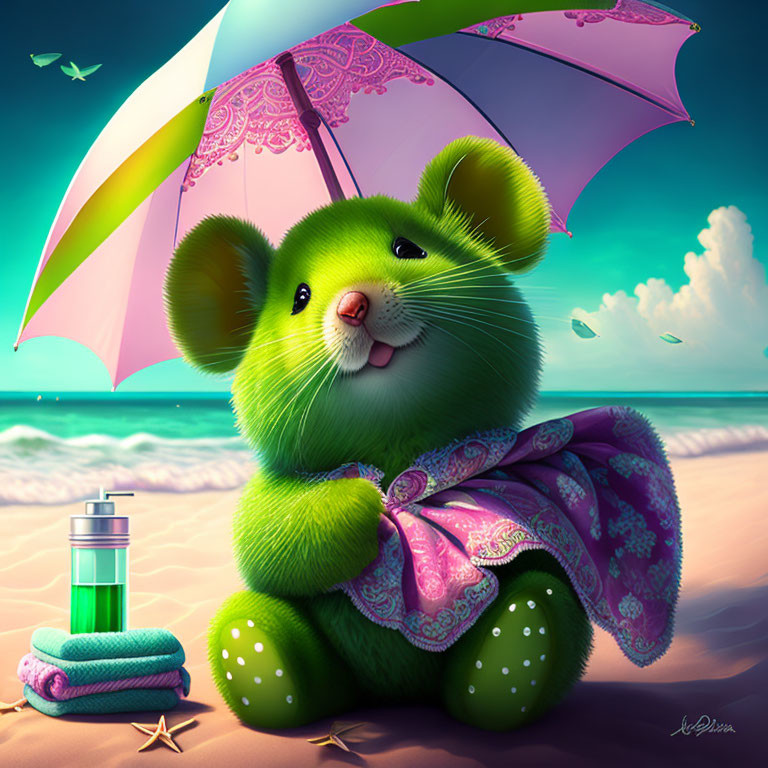 Green animated mouse on beach with rainbow umbrella, pink scarf, drink, towel