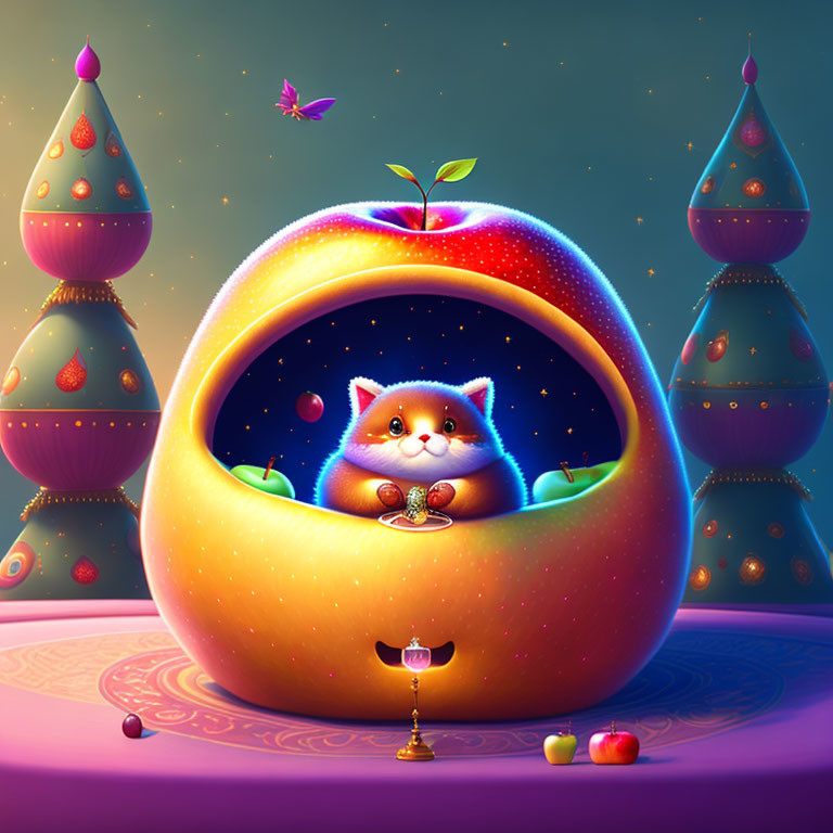 Chubby cat in golden fruit under starry sky with colorful towers