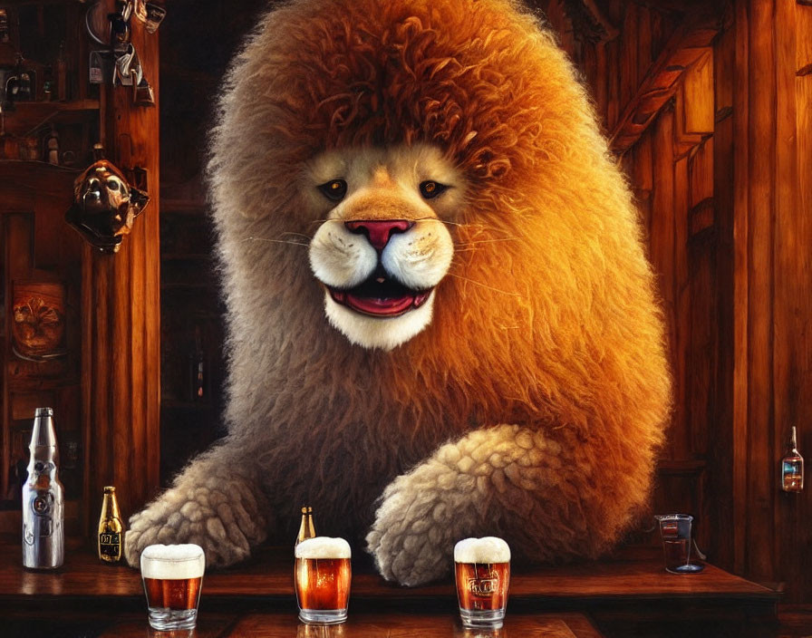 Fluffy lion with afro-like mane enjoys beer at bar