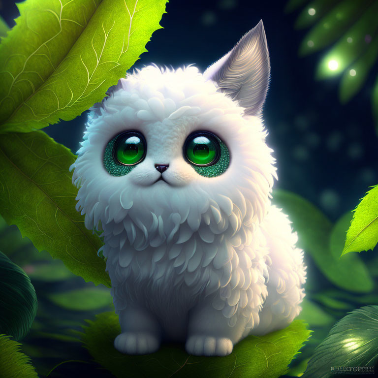 Fluffy white cartoon cat with expressive green eyes in a whimsical setting