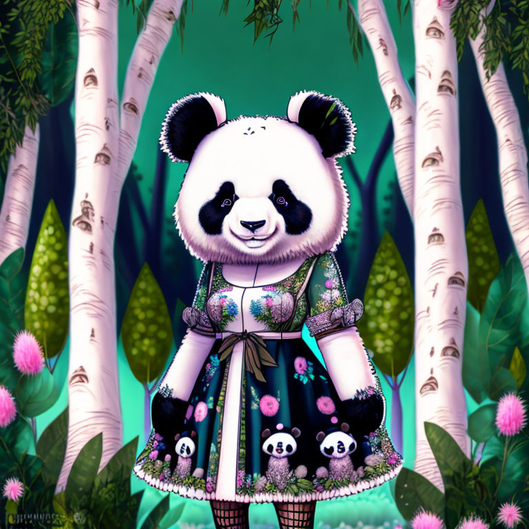 Illustrated Panda Character in Green and Blue Dress Surrounded by Whimsical Forest