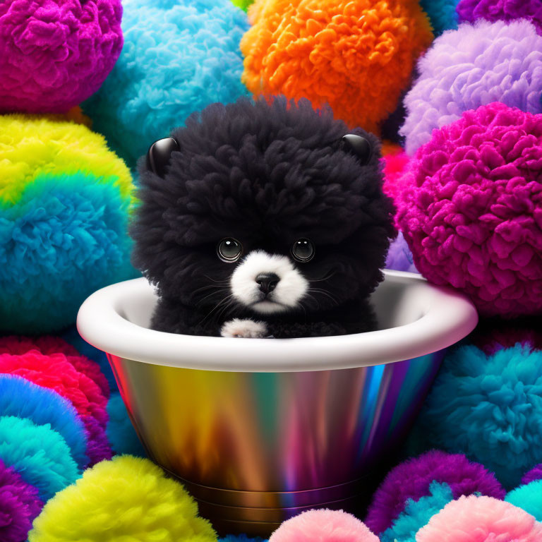 Fluffy Black Puppy Sitting in Colorful Bowl