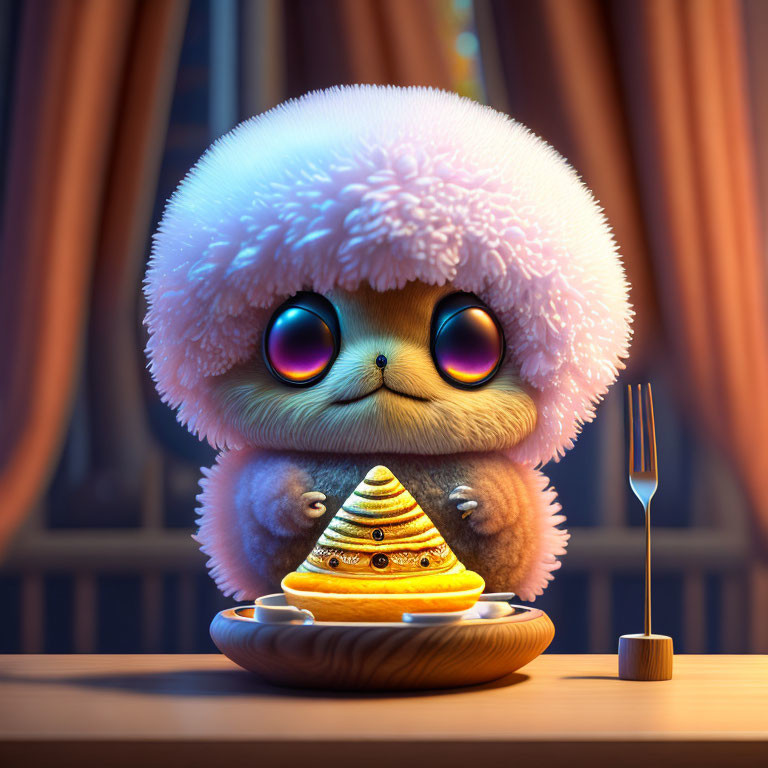 Fluffy creature with big eyes near pancakes and fork on table