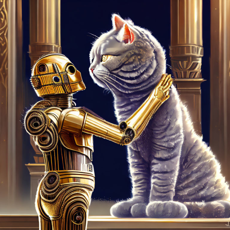 Golden robot with fluffy gray cat in regal setting