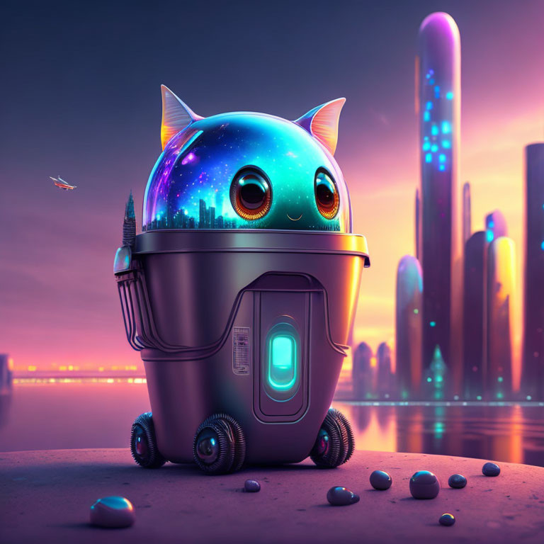 Futuristic robot cat with galaxy head on cityscape background