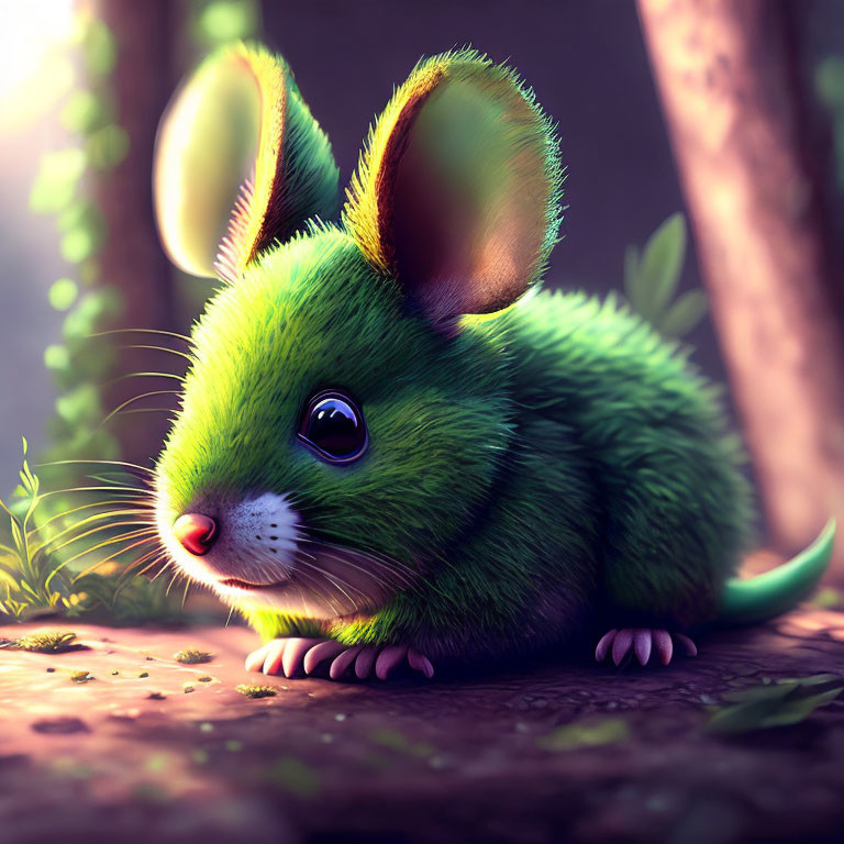 Whimsical green bunny-eared mouse in forest setting