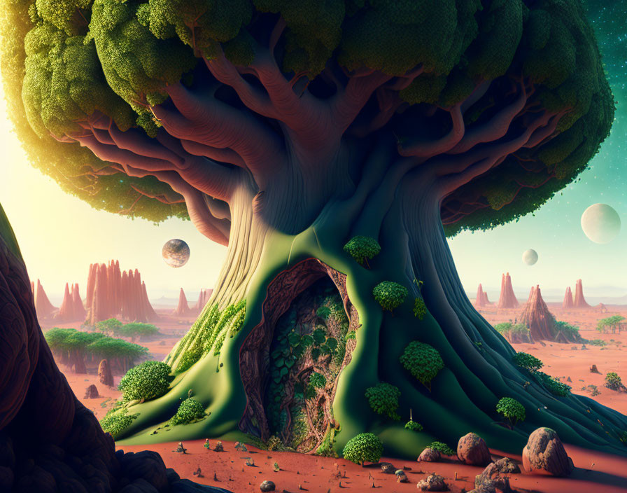 Gigantic hollow tree in alien desert with floating celestial bodies