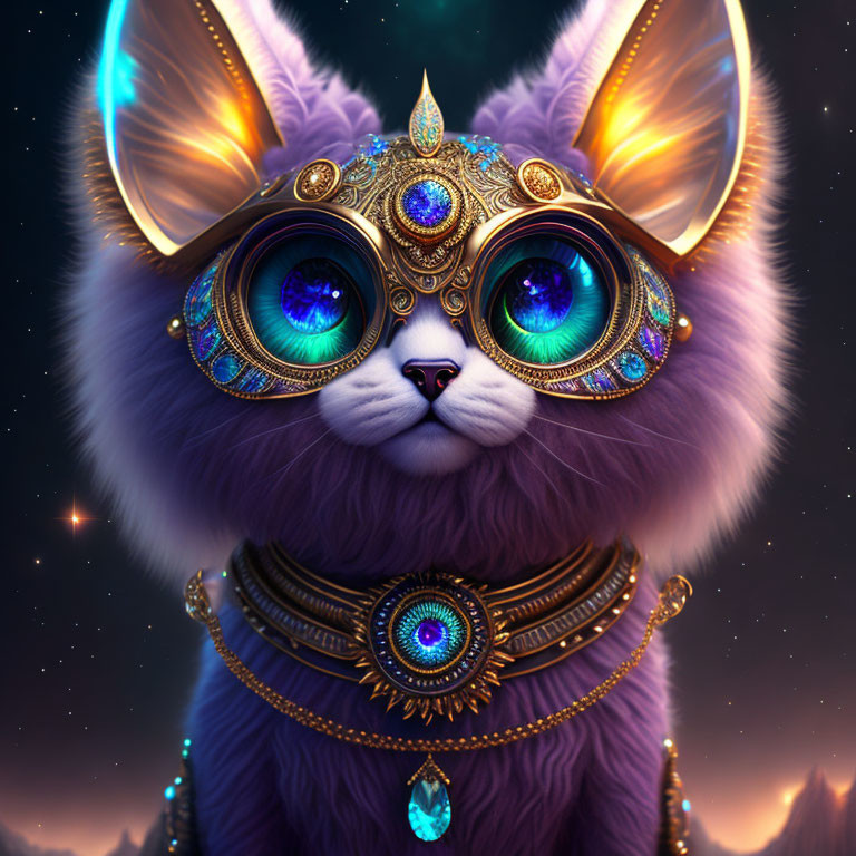 Cat with Luminous Goggles and Cosmic Jewelry in Surreal Setting