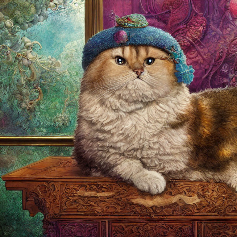 Fluffy cat in ornate blue hat on carved wooden piece