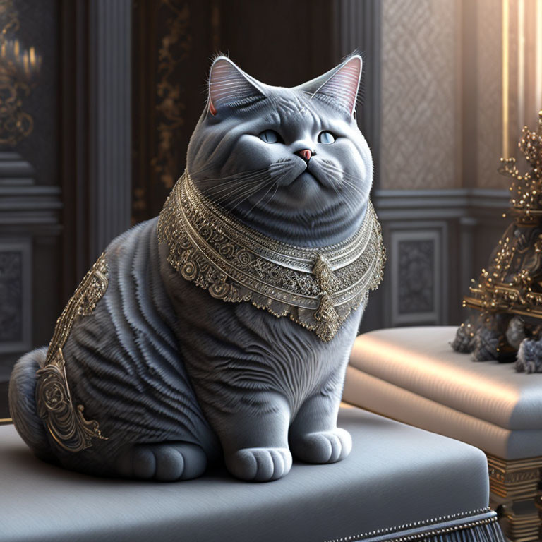 Regal Grey Striped Cat with Golden Jewelry in Luxurious Room