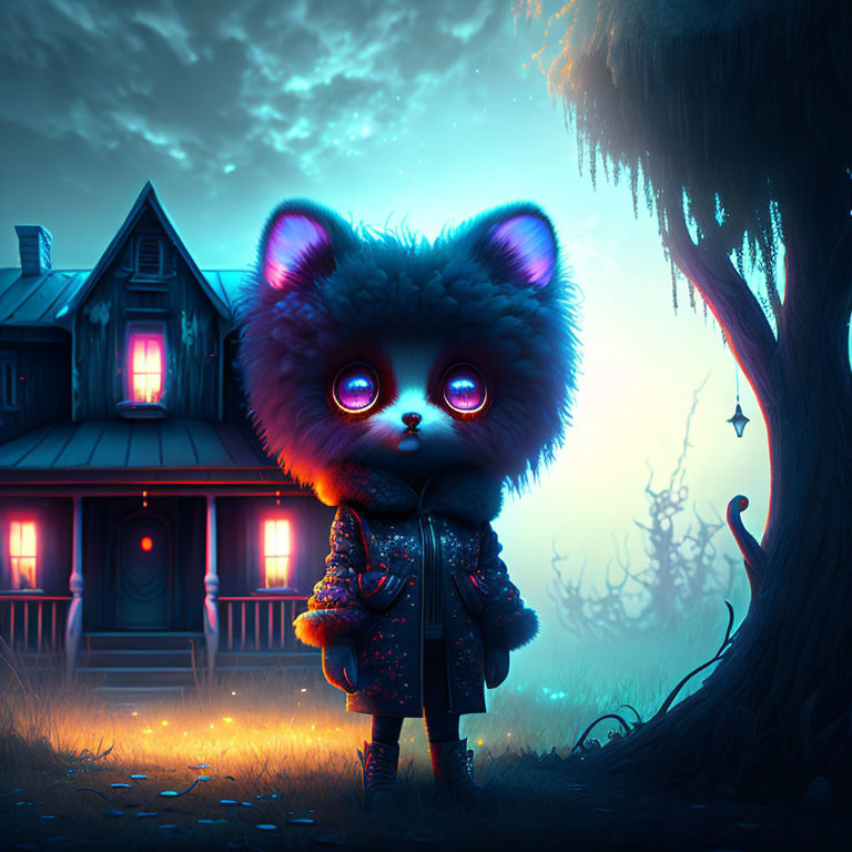 Digital art of cute fluffy creature with lantern in mystical twilight setting