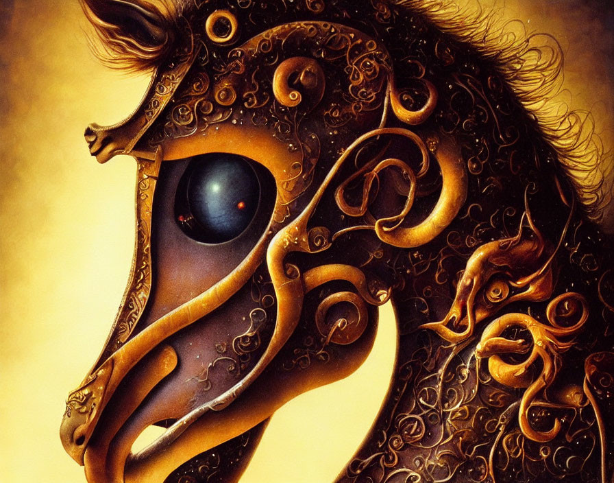 Detailed Ornate Horse Illustration with Intricate Patterns on Golden Background