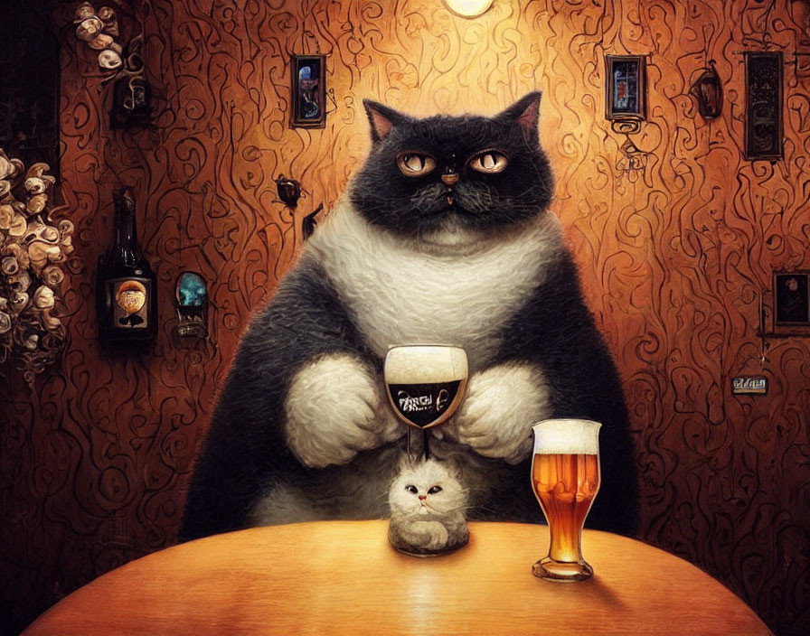 Whimsical anthropomorphic cat with beer pint at table