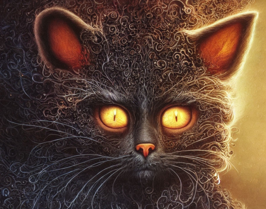 Detailed digital cat artwork with glowing eyes and mystical textures