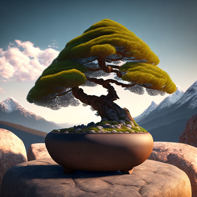 Stylized bonsai tree with dense foliage in brown pot against mountain backdrop