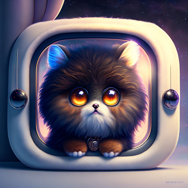 Fluffy cat with orange eyes in retro TV illustration