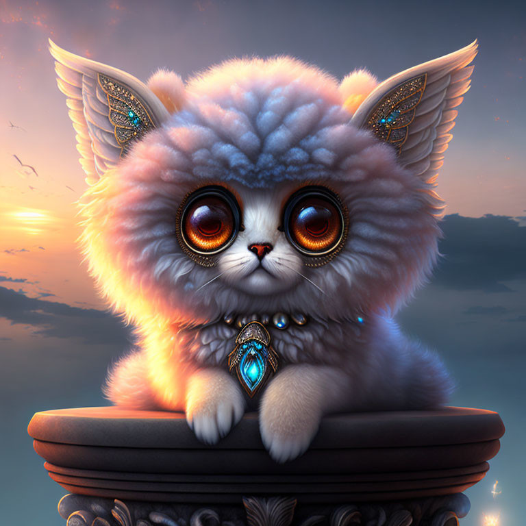 Fluffy cat illustration with glossy eyes and winged ears on pedestal in sunset sky