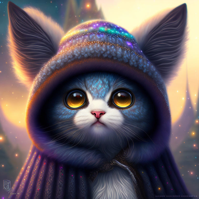 Wide-eyed cat in glittering cloak under starry sky