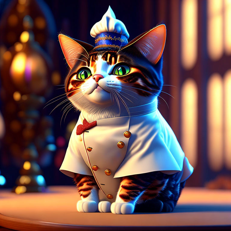 Chef Cat Animated Character in Warmly Lit Kitchen